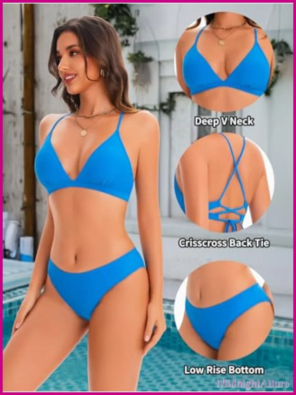 Women's Two Piece Triangle Bikini Set, V Neck Crisscross Back